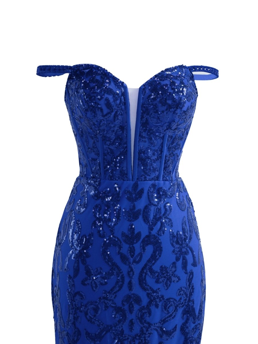 Sparkly Royal Blue Sheath Sequins Long Prom Dress with Slit