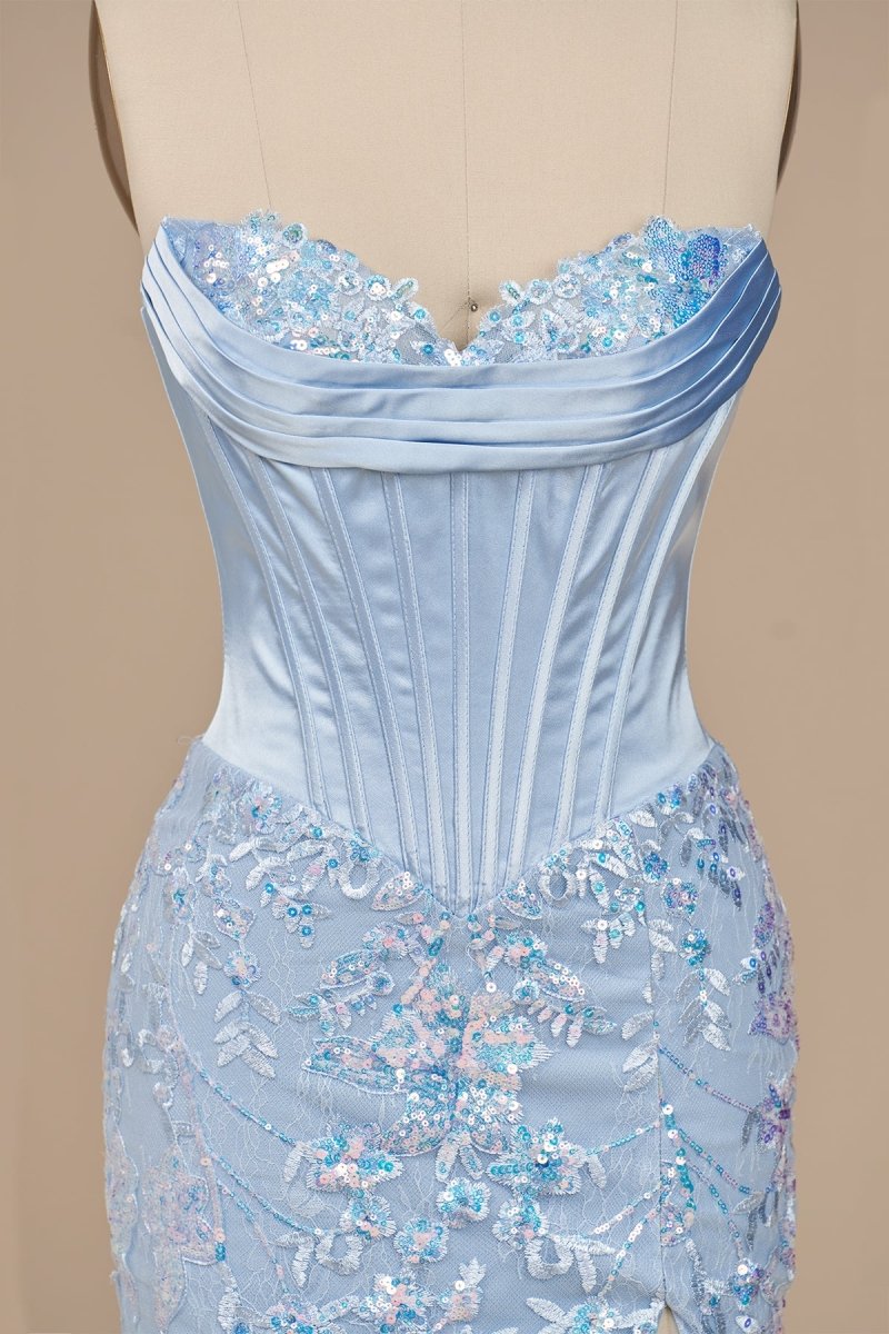Sky Blue Sweetheart Mermaid Sequined Lace Long Formal Prom Dresses With Slit