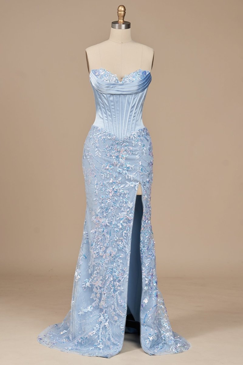 Sky Blue Sweetheart Mermaid Sequined Lace Long Formal Prom Dresses With Slit