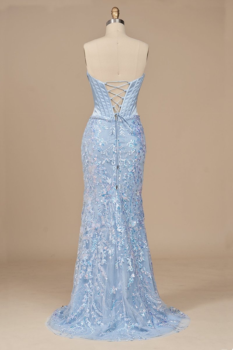 Sky Blue Sweetheart Mermaid Sequined Lace Long Formal Prom Dresses With Slit
