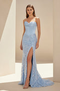 Sky Blue Sweetheart Mermaid Sequined Lace Long Formal Prom Dresses With Slit