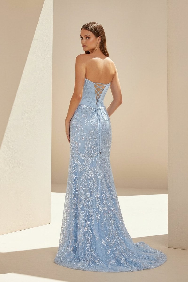 Sky Blue Sweetheart Mermaid Sequined Lace Long Formal Prom Dresses With Slit