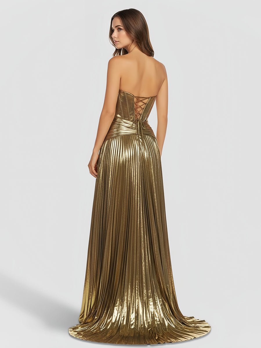 Sweetheart Metallic Pleated Long Formal Dress With Slit