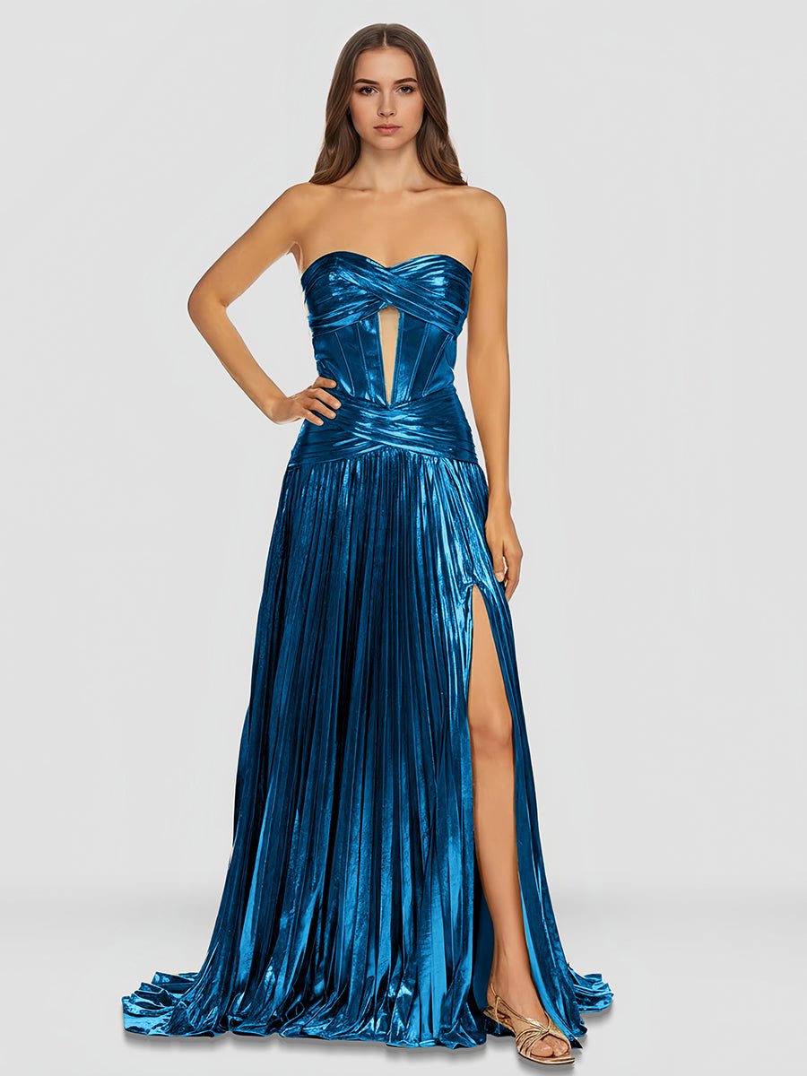 Sweetheart Metallic Pleated Long Formal Dress With Slit