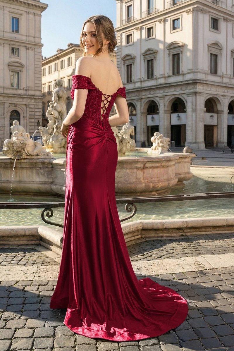 Mermaid Off the Shoulder Satin Prom Dress with Slit