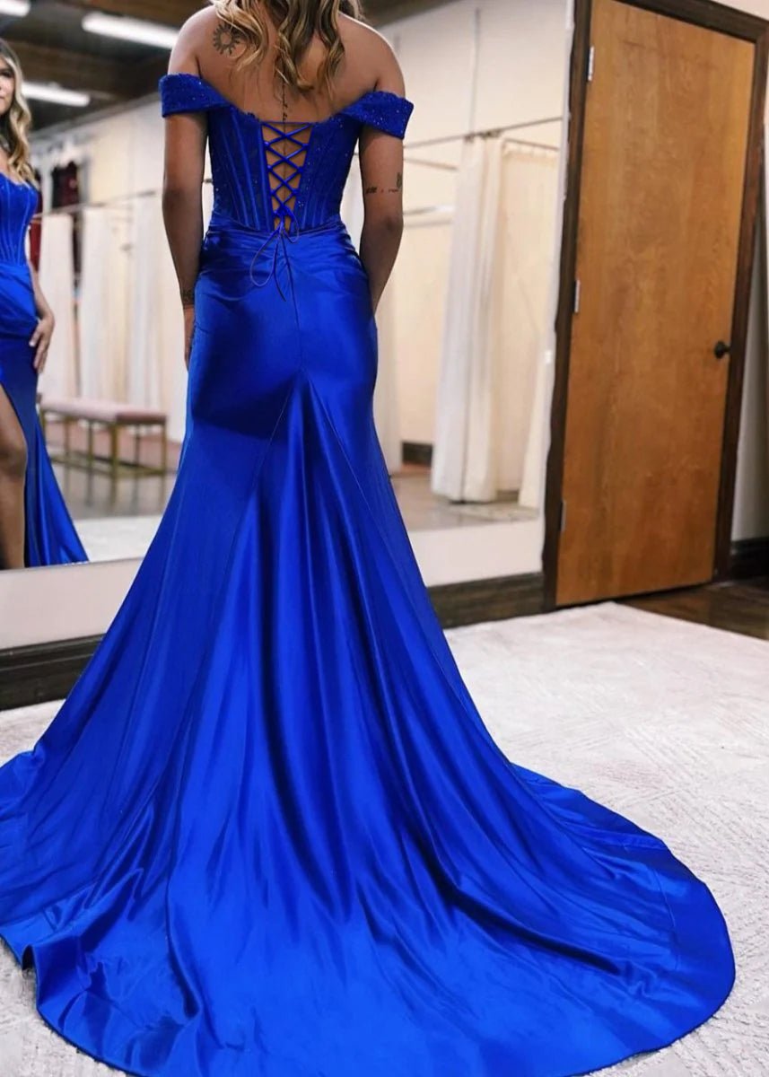 Mermaid Off the Shoulder Satin Prom Dress with Slit