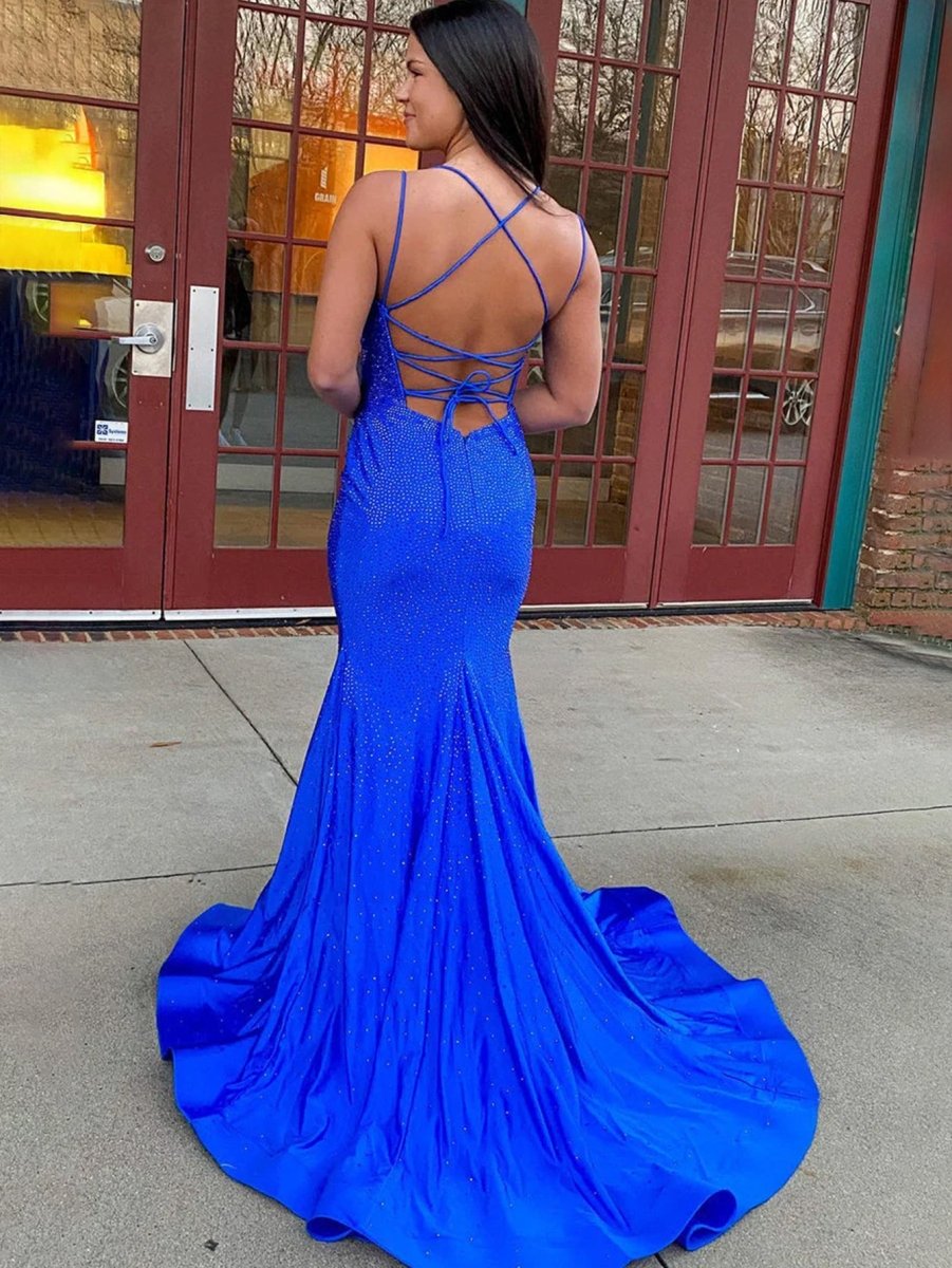 Sparkly Mermaid Spaghetti Straps Beaded Satin Long Prom Dress