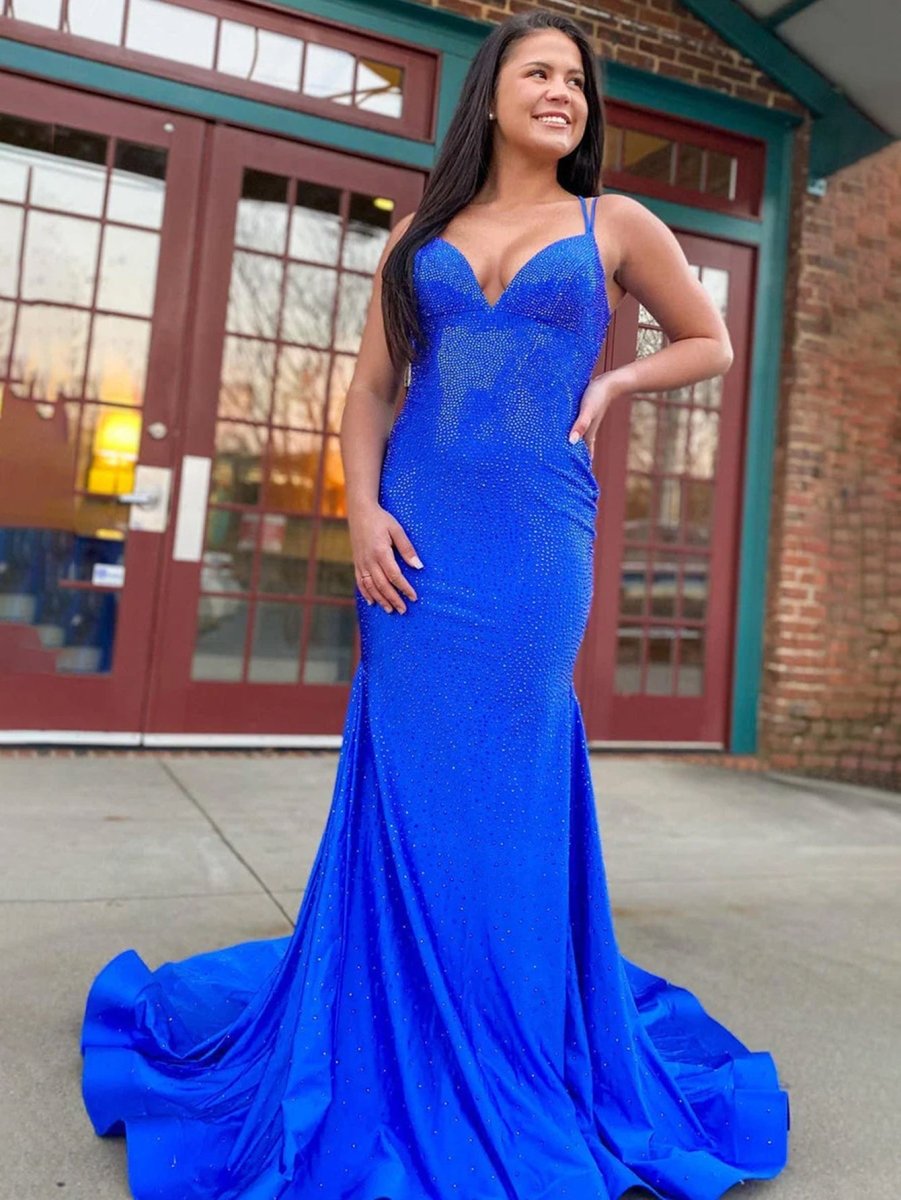 Sparkly Mermaid Spaghetti Straps Beaded Satin Long Prom Dress