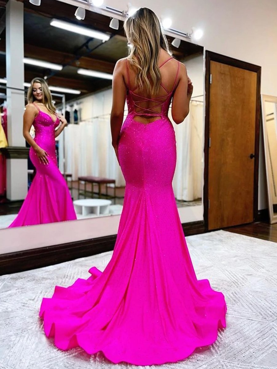 Sparkly Mermaid Spaghetti Straps Beaded Satin Long Prom Dress