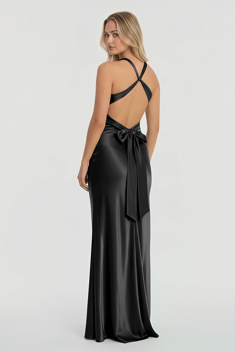 Turquoise - Halter V-Neck Pleated Satin Sleeveless Long Prom Party Dress