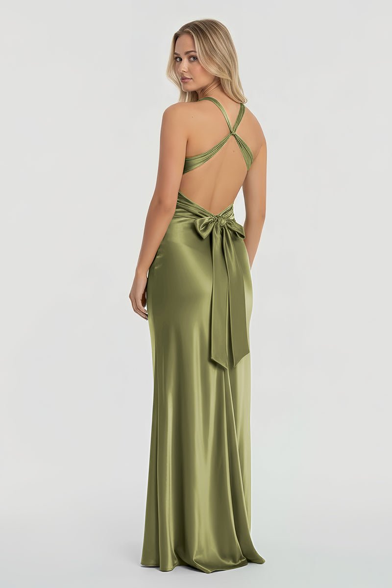 Turquoise - Halter V-Neck Pleated Satin Sleeveless Long Prom Party Dress