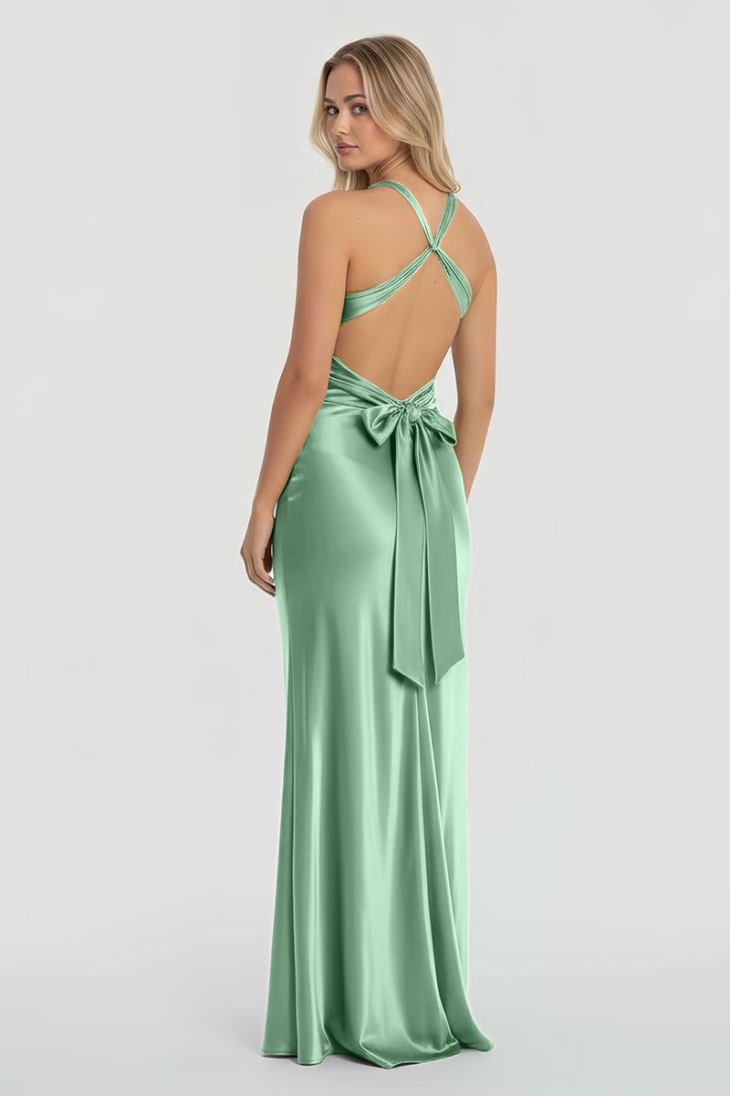 Turquoise - Halter V-Neck Pleated Satin Sleeveless Long Prom Party Dress