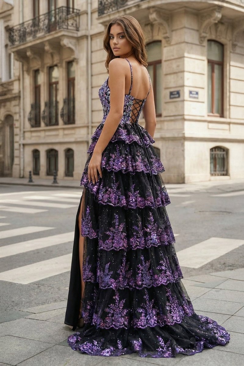 Straps Fuchsia Sequin Layered Formal Dress with Slit