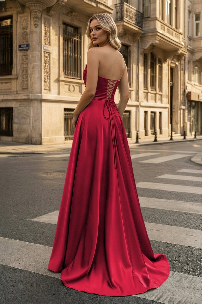 Strapless Sage Green Satin A-line Long Prom Dress With Slit