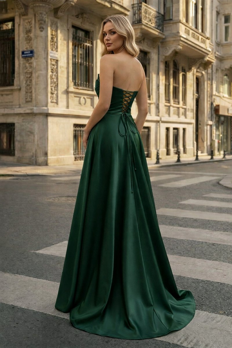 Strapless Sage Green Satin A-line Long Prom Dress With Slit