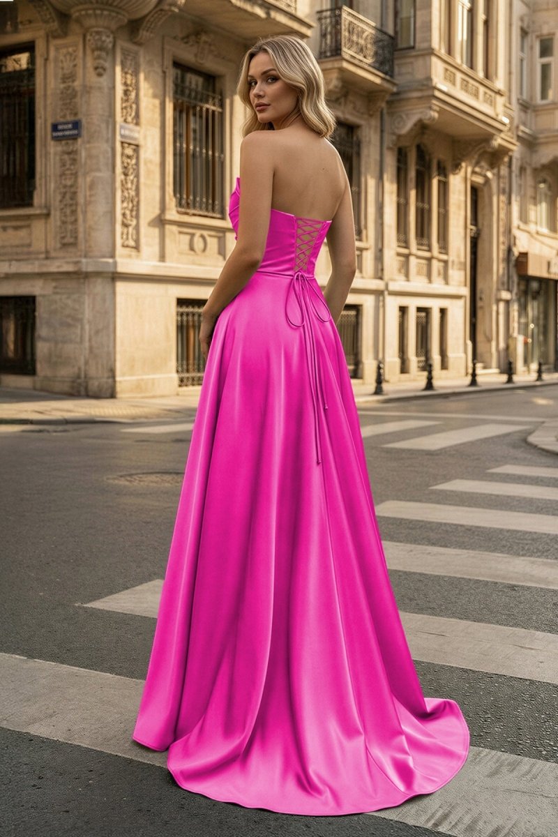 Strapless Sage Green Satin A-line Long Prom Dress With Slit