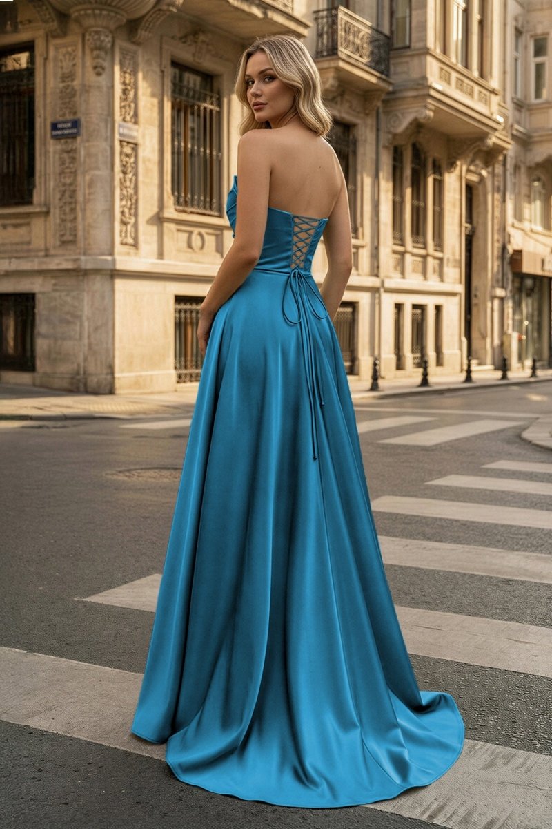 Strapless Sage Green Satin A-line Long Prom Dress With Slit