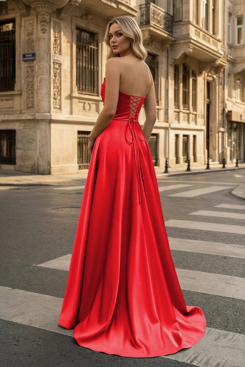 Strapless Sage Green Satin A-line Long Prom Dress With Slit