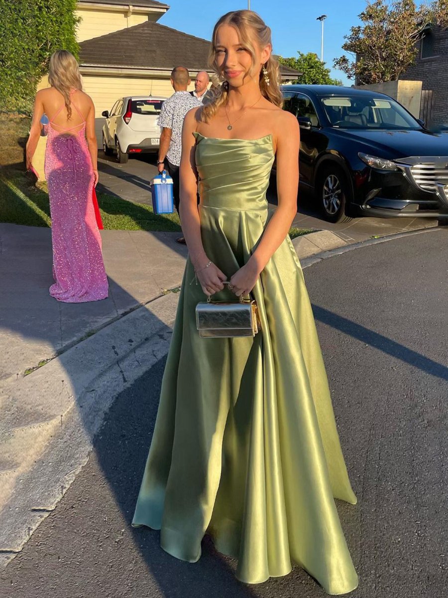 Strapless Sage Green Satin A-line Long Prom Dress With Slit