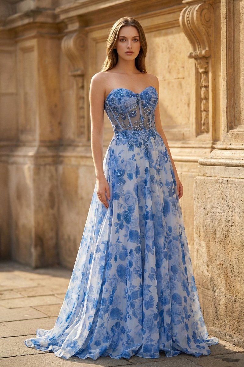 Strapless Printing Sweetheart Beads A-Line Prom Dress