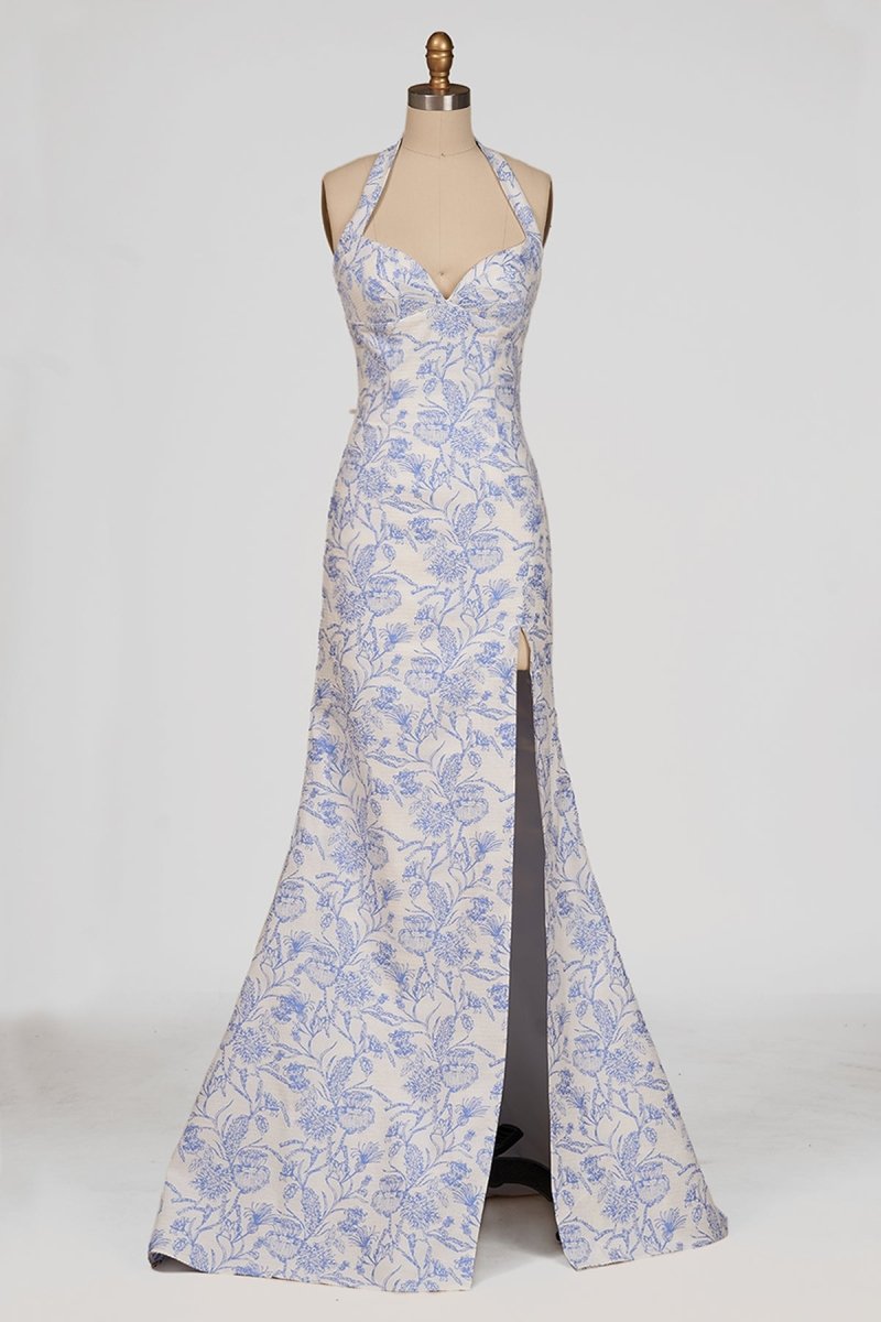 Sky Blue Halter Floral Jacquard Mermaid Long Formal Prom Dresses With Slit