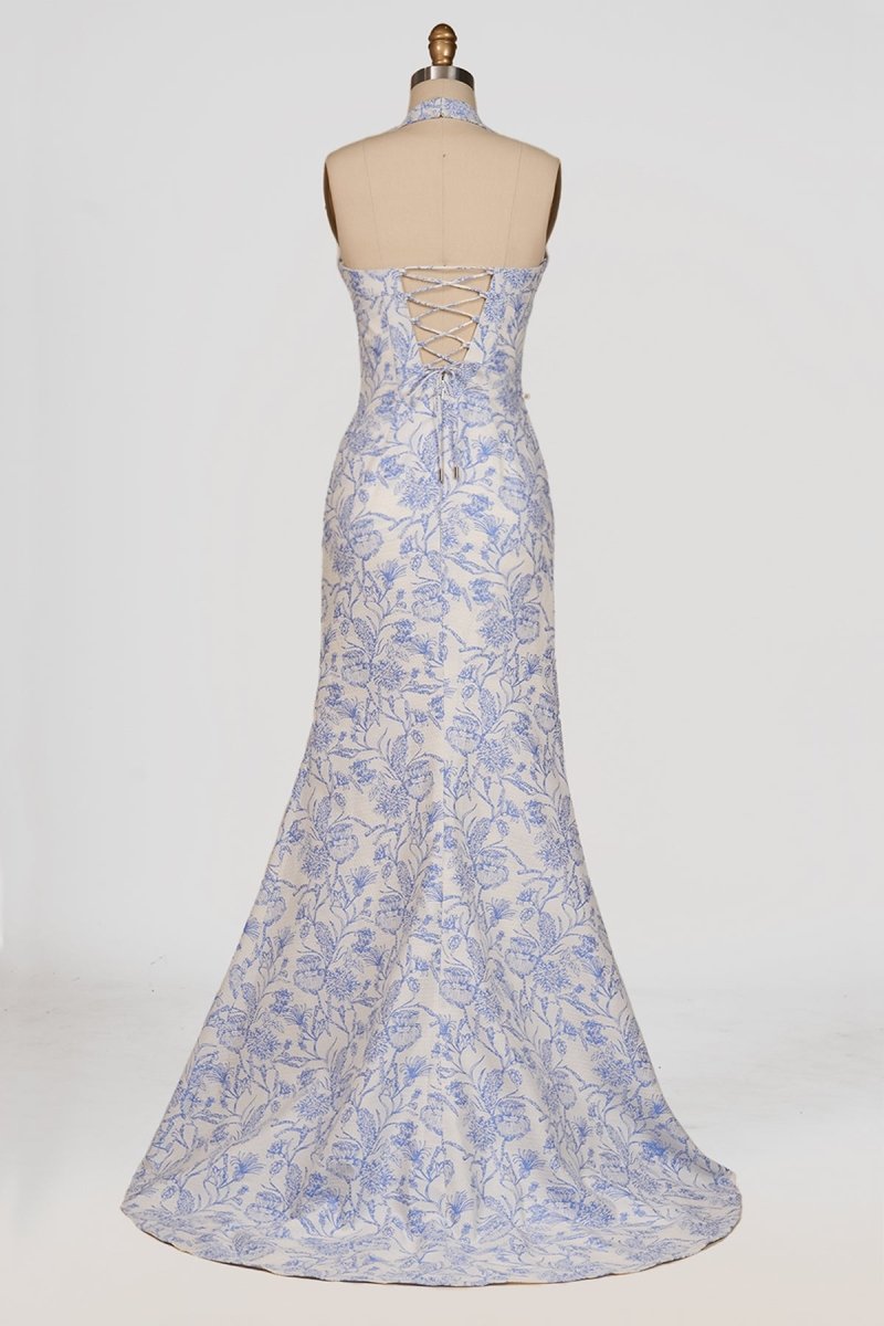 Sky Blue Halter Floral Jacquard Mermaid Long Formal Prom Dresses With Slit