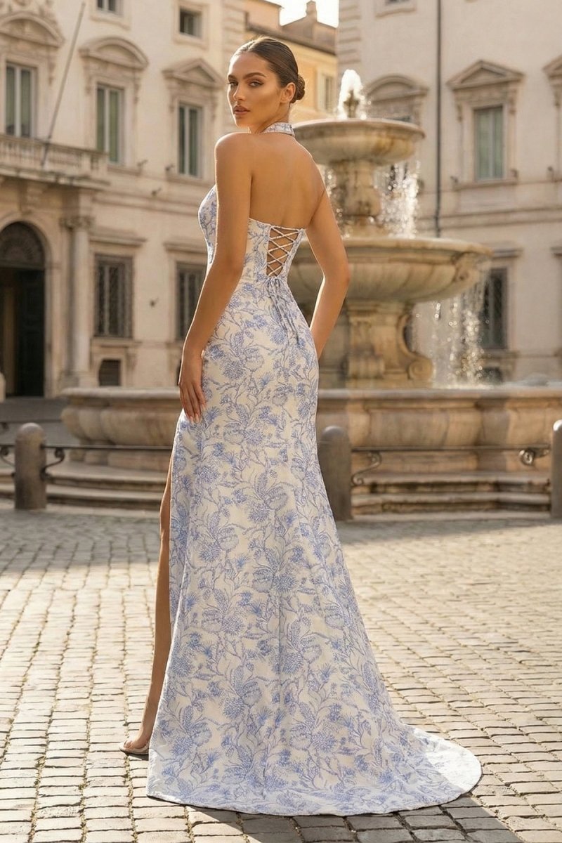 Sky Blue Halter Floral Jacquard Mermaid Long Formal Prom Dresses With Slit