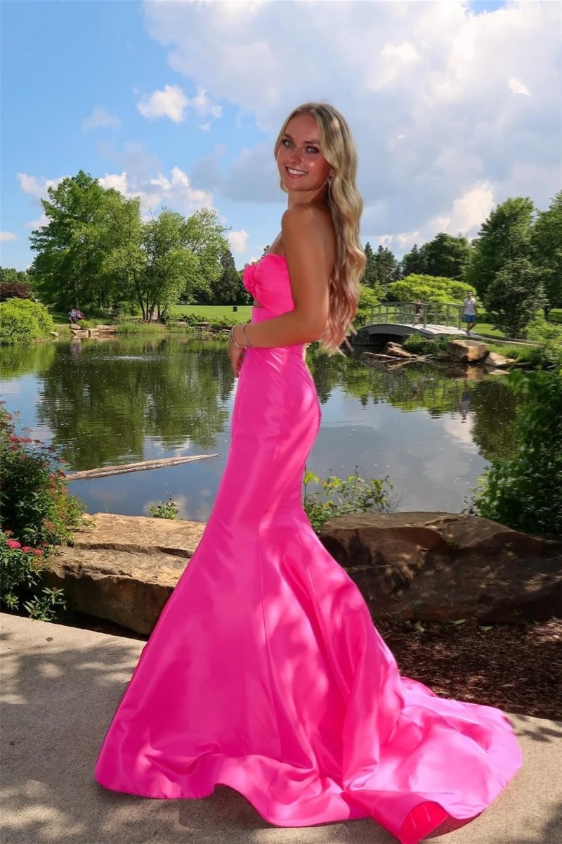 Mermaid Sweetheart Pink Satin Prom Dress with Bow
