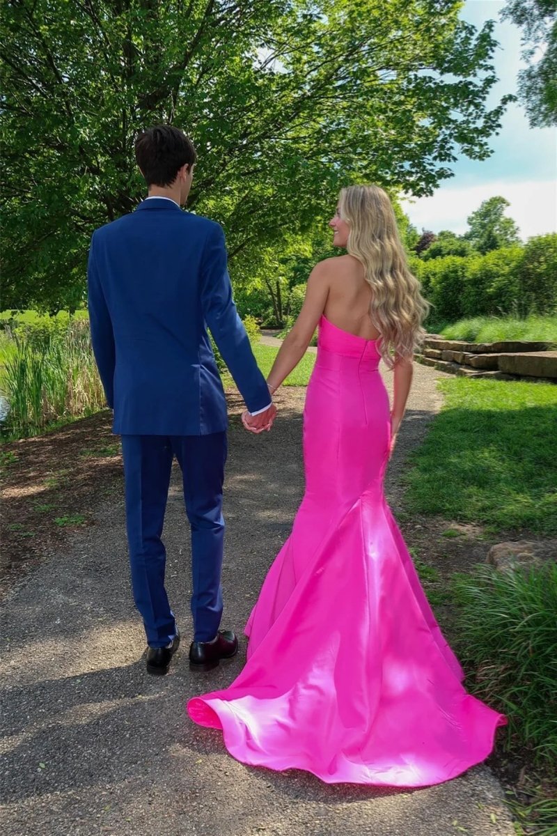 Mermaid Sweetheart Pink Satin Prom Dress with Bow