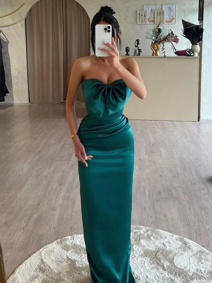 Mermaid Sweetheart Dark Green Satin Long Prom Dresses with Bow