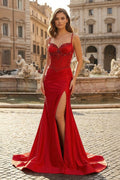 Red Spaghetti Straps Mermaid Satin Sequined Long Formal Prom Dresses With Slit