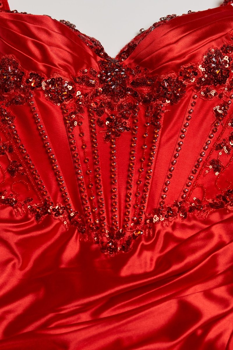 Red Spaghetti Straps Mermaid Satin Sequined Long Formal Prom Dresses With Slit