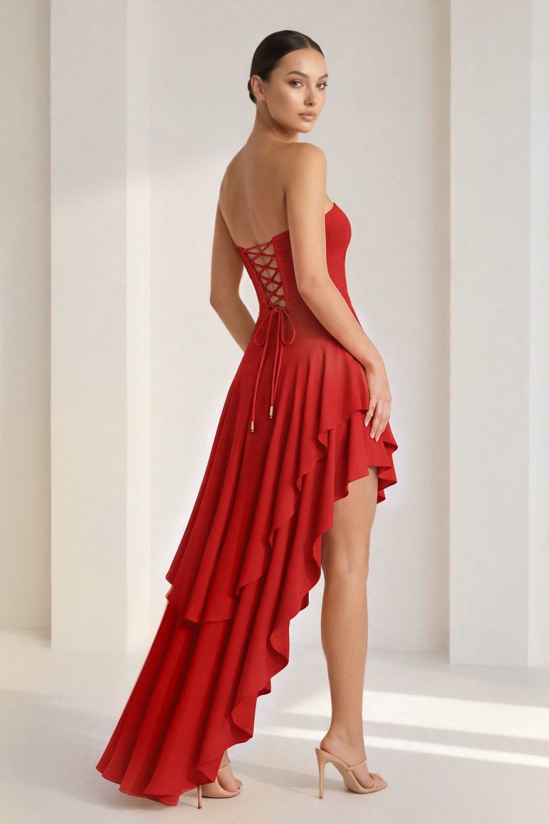 Blue Sheath Strapless Spandex High Low Long Prom Dresses with Ruffles
