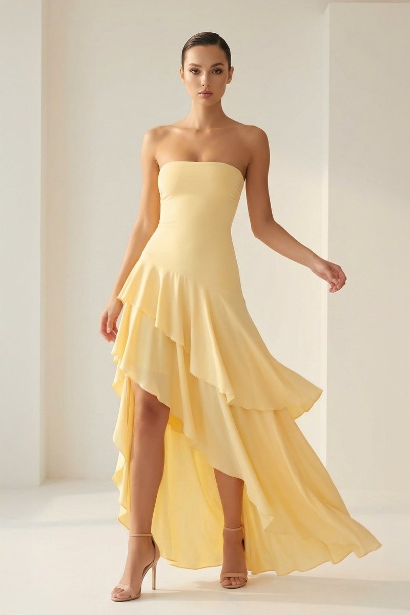 Blue Sheath Strapless Spandex High Low Long Prom Dresses with Ruffles