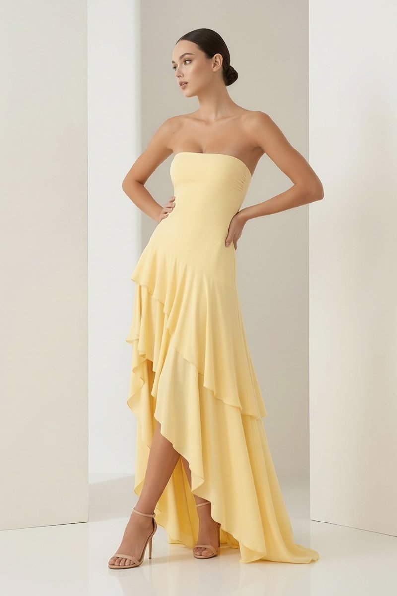 Blue Sheath Strapless Spandex High Low Long Prom Dresses with Ruffles