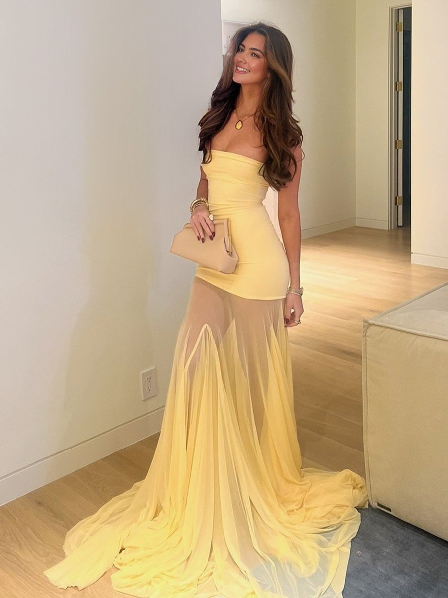 Yellow Strapless Chiffon Mermaid Long Prom Dresses