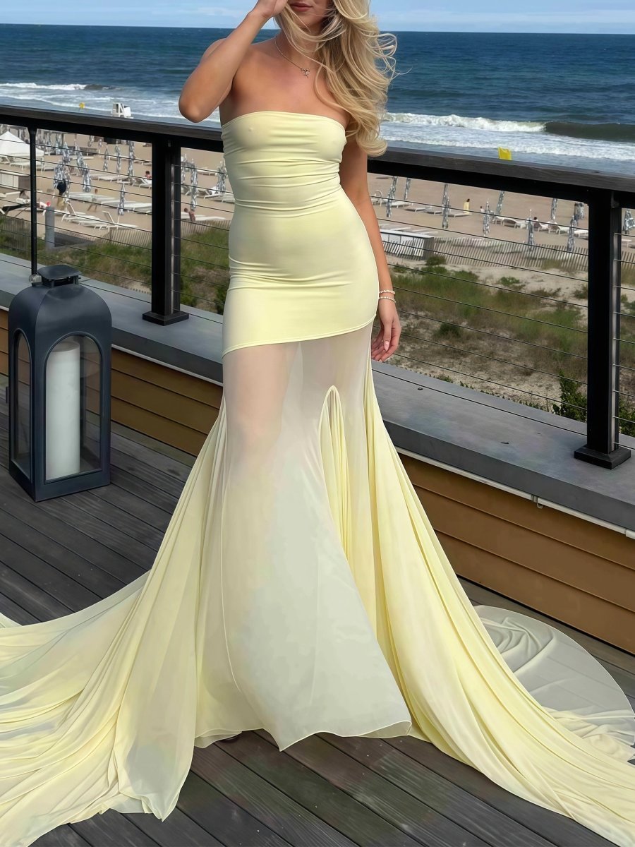 Yellow Strapless Chiffon Mermaid Long Prom Dresses