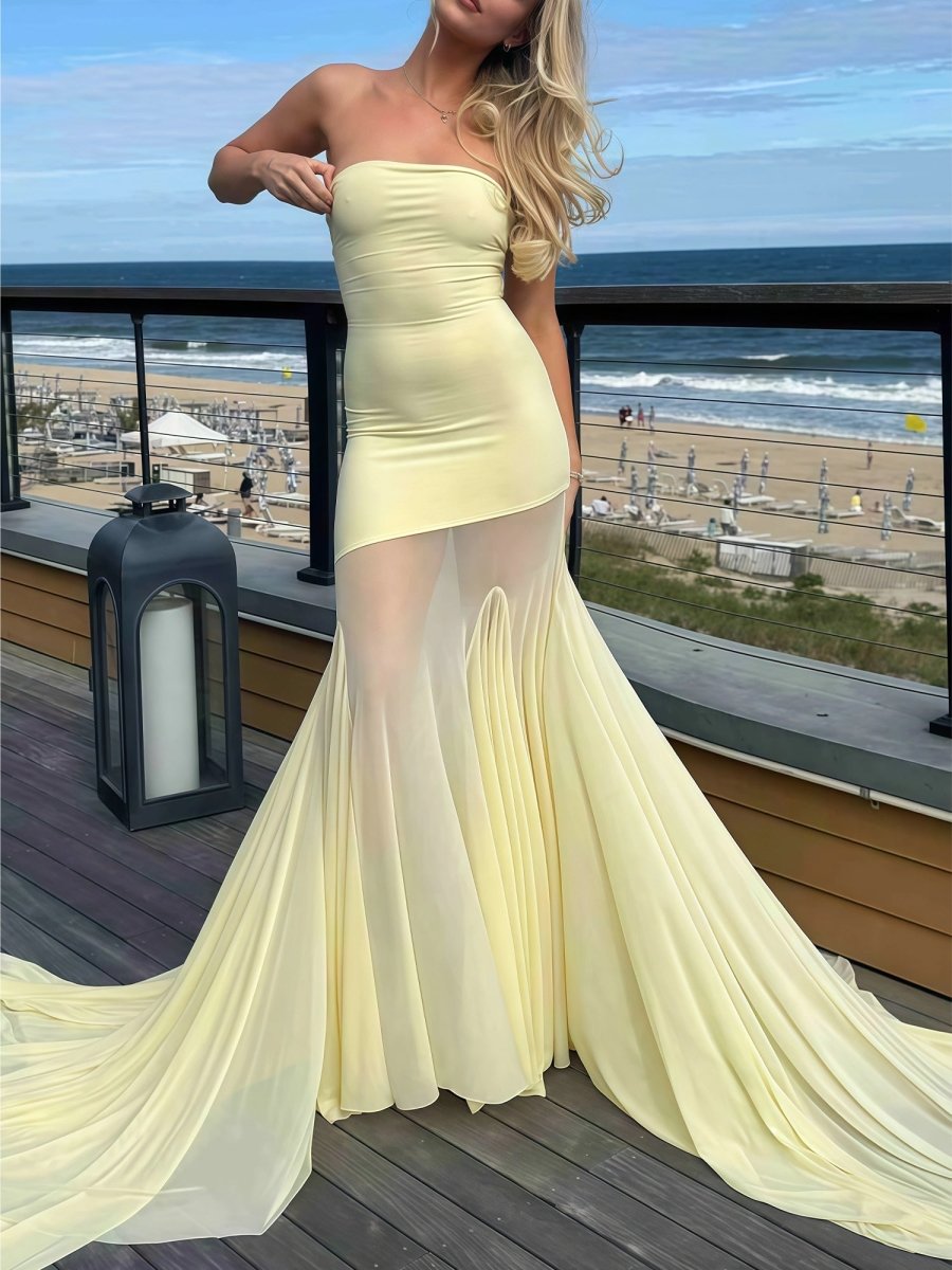Yellow Strapless Chiffon Mermaid Long Prom Dresses