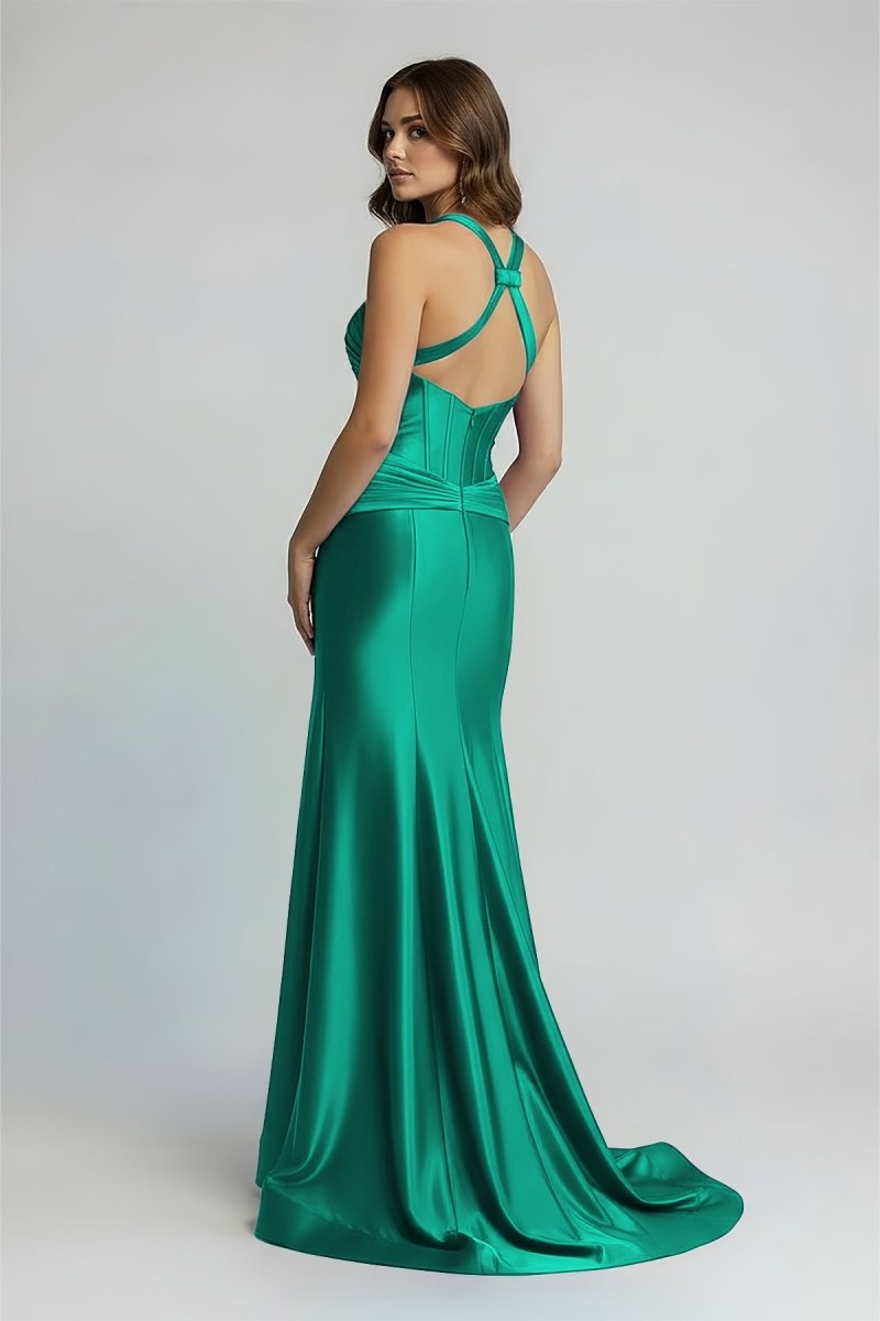 Green Satin Mermaid Slit Prom Dress with Criss Cross Neck