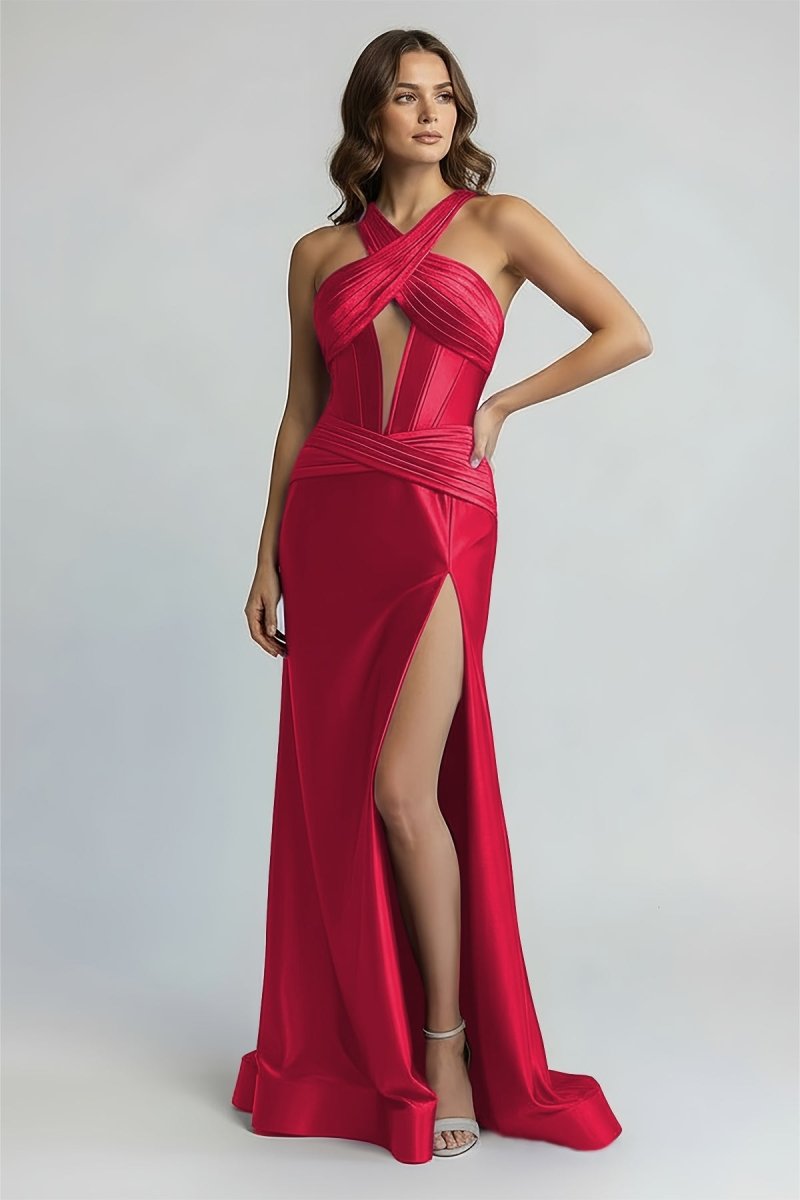Green Satin Mermaid Slit Prom Dress with Criss Cross Neck