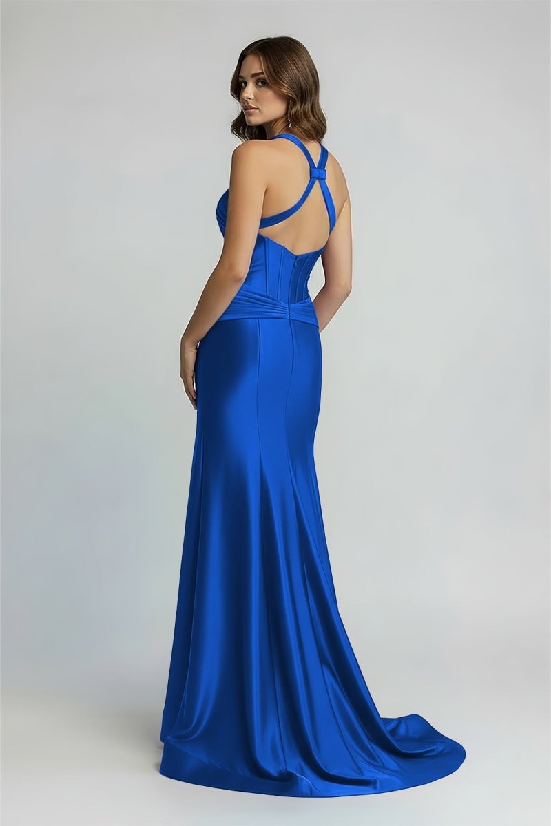 Green Satin Mermaid Slit Prom Dress with Criss Cross Neck