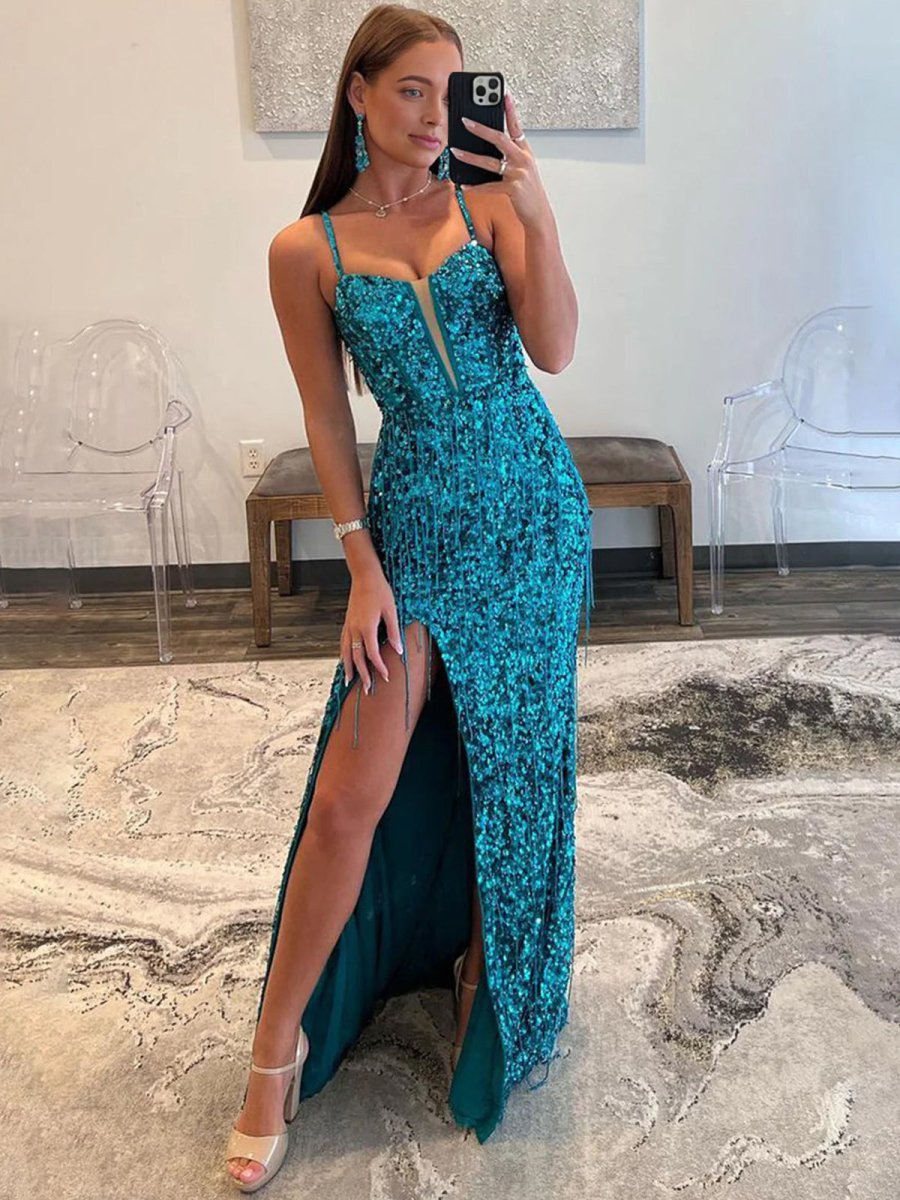 Sparkly Sheath Spaghetti Straps Sequins Long Prom Dresses With Split