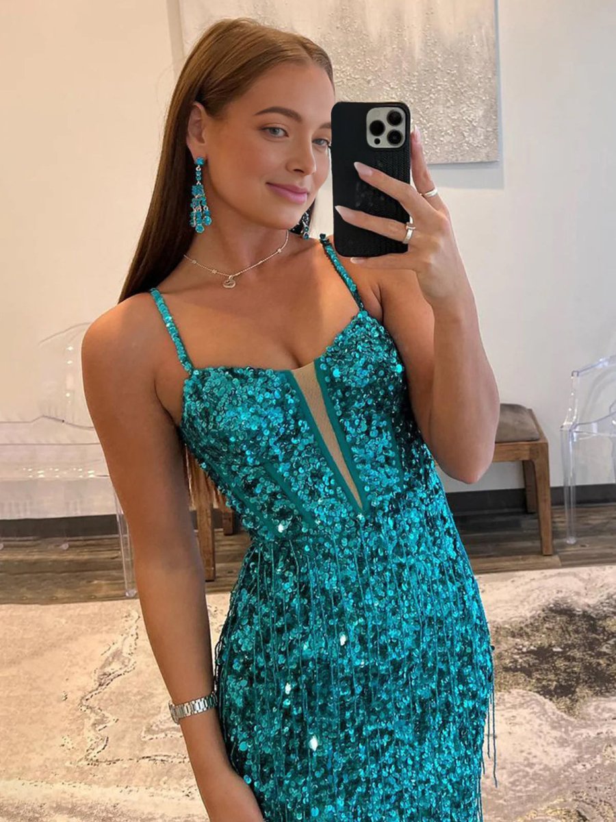 Sparkly Sheath Spaghetti Straps Sequins Long Prom Dresses With Split