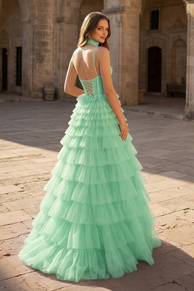 Tulle A-Line Spaghetti Strap Beaded Long Tiered Prom Dress