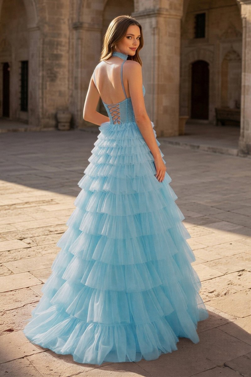Tulle A-Line Spaghetti Strap Beaded Long Tiered Prom Dress