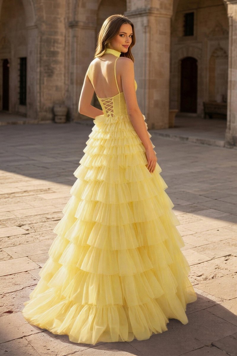 Tulle A-Line Spaghetti Strap Beaded Long Tiered Prom Dress