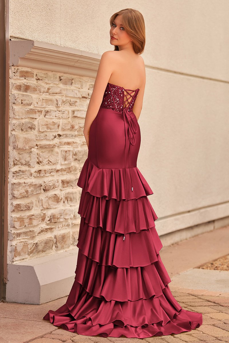 Charming Mermaid Strapless Pink Satin Long Prom Dresses with Appliques