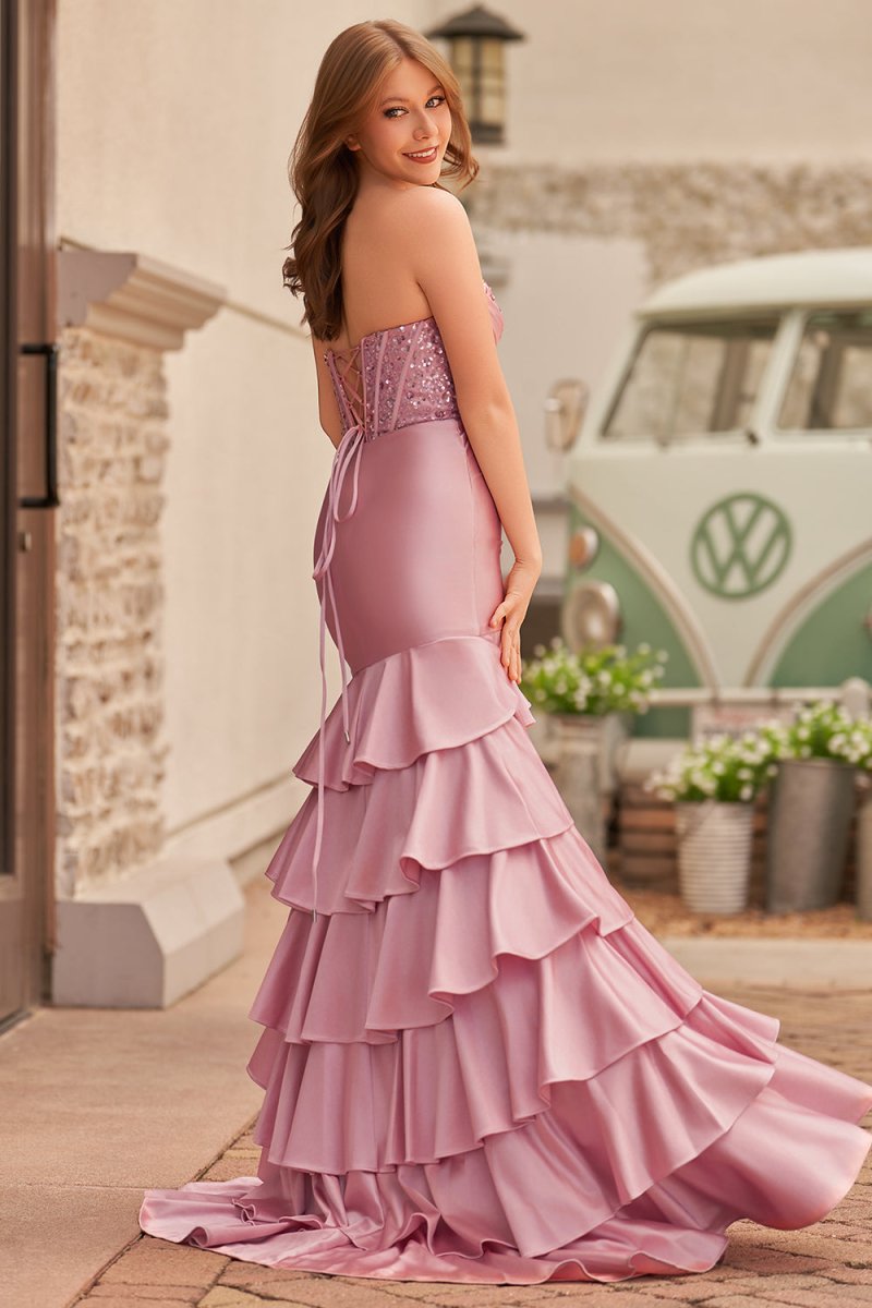 Charming Mermaid Strapless Pink Satin Long Prom Dresses with Appliques