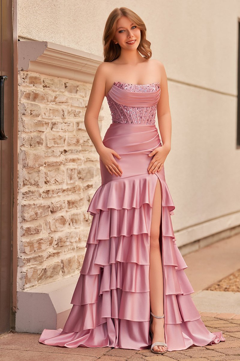 Charming Mermaid Strapless Pink Satin Long Prom Dresses with Appliques