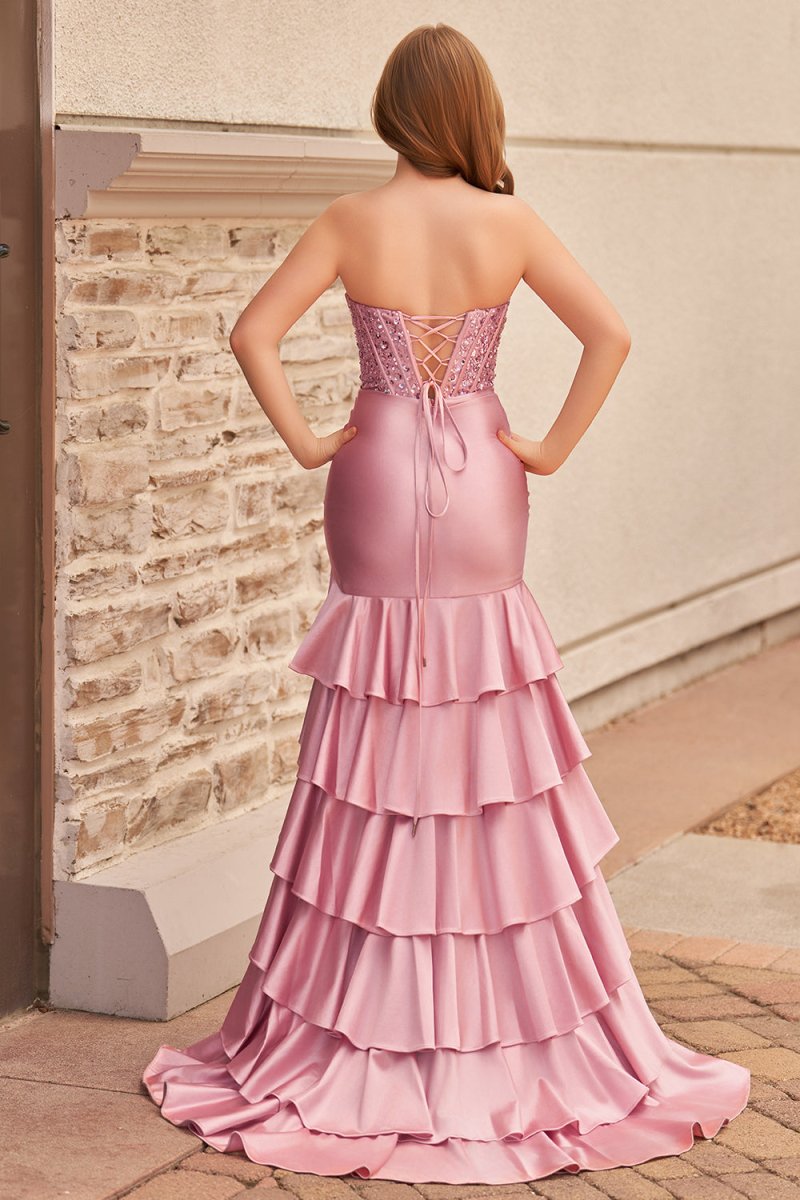 Charming Mermaid Strapless Pink Satin Long Prom Dresses with Appliques